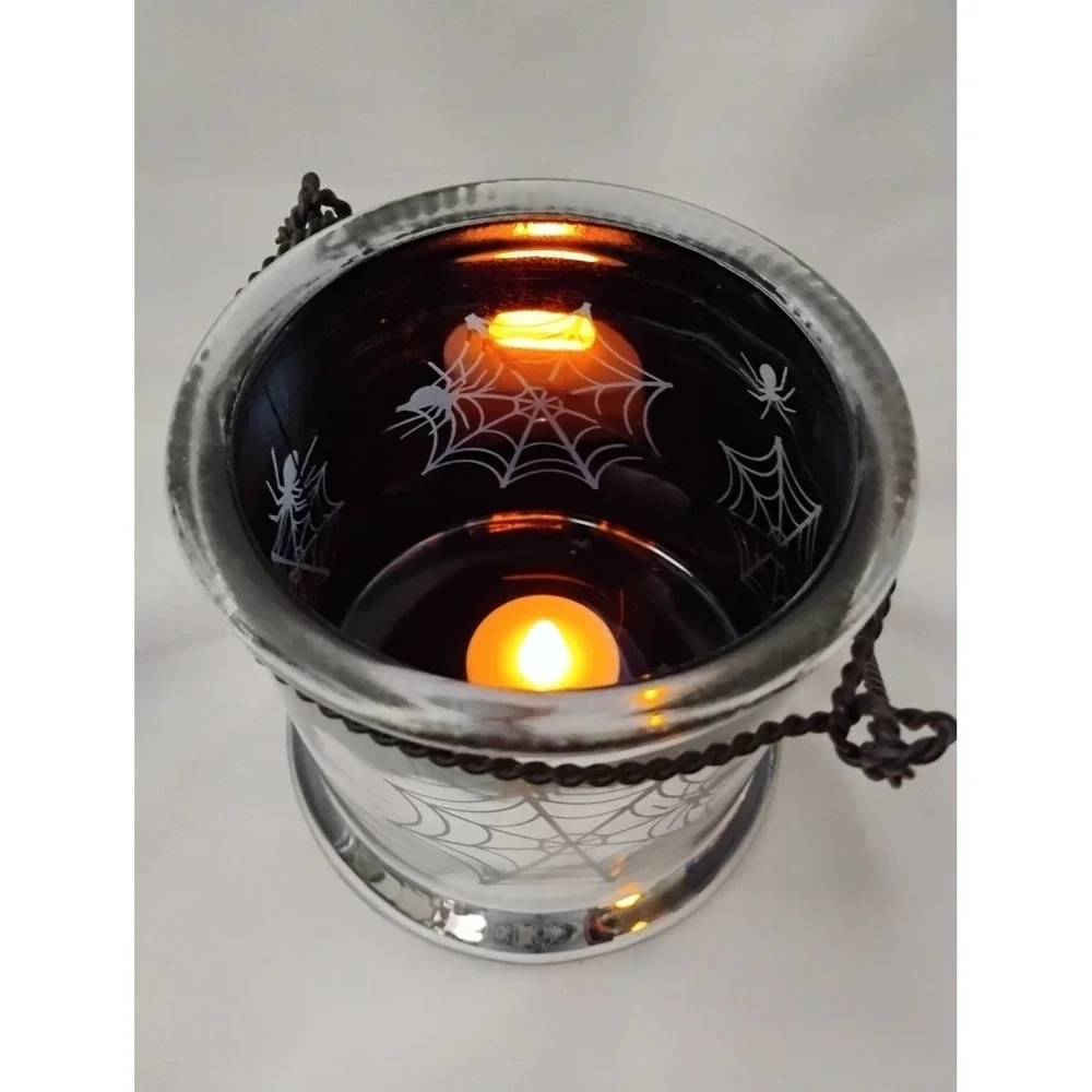 Halloween‎ Spider Web Candle Holder Lantern, Silver Glass Decoration